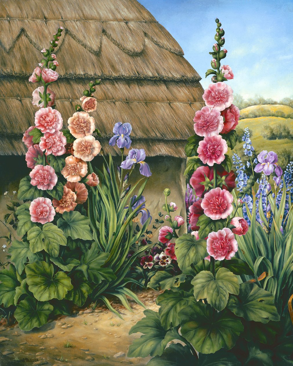 Cottage-Garten mit Stockrosen, 1995 von Amelia Kleiser