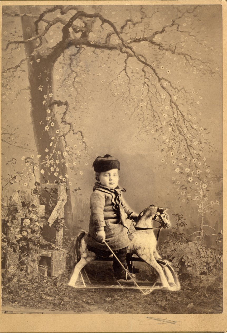 Junger Junge auf einem Schaukelpferd mit großem gemaltem Hintergrund, 1880er Jahre (Albuminabzug) von American Photographer