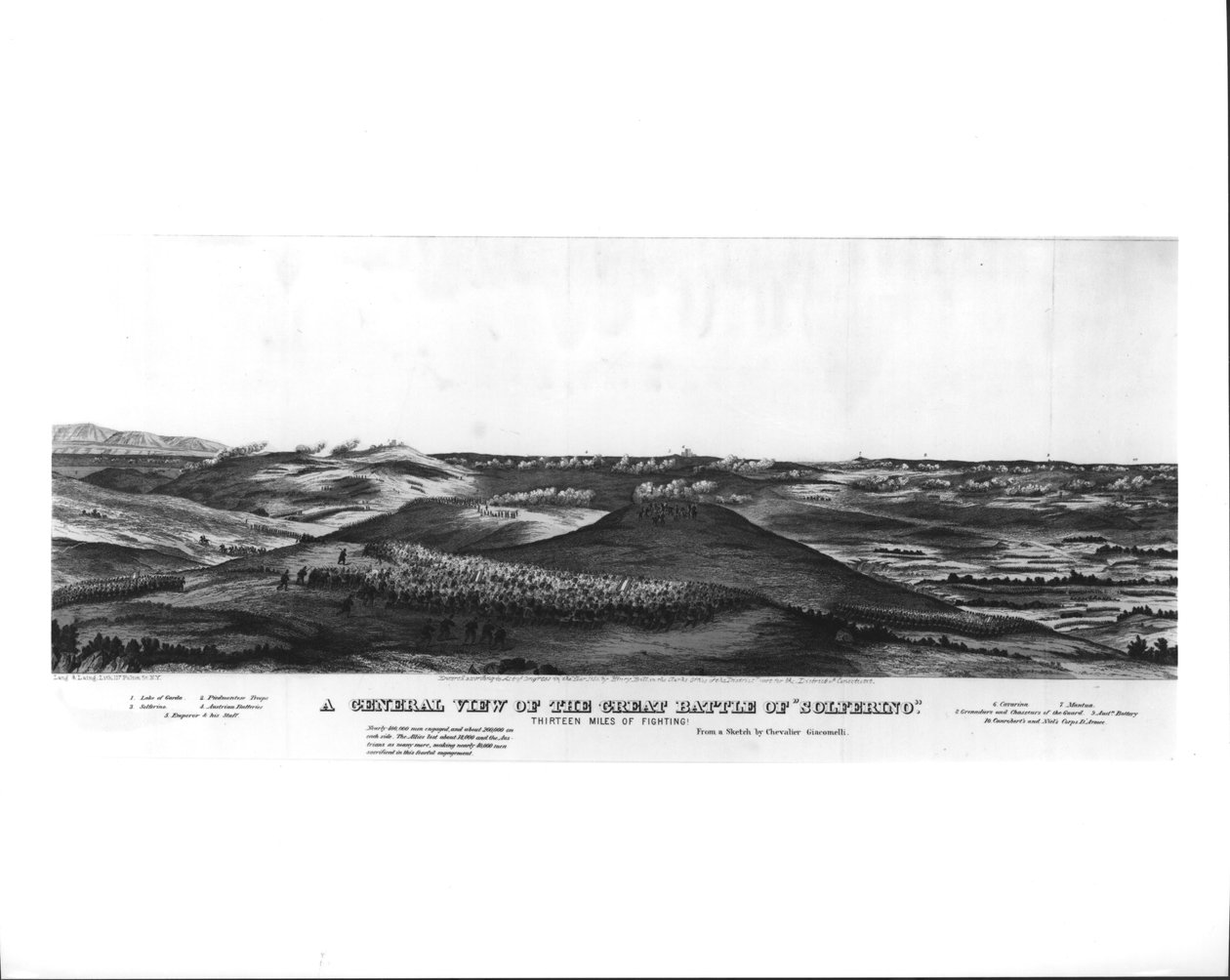 Eine Gesamtansicht der großen Schlacht von Solferino, 24. Juni 1859, nach einer Skizze von Chevalier Giacomelli, veröffentlicht von Lang und Laing, ca. 1859 von American School