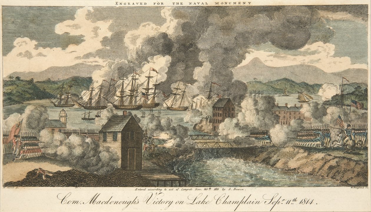 Com. Macdonoughs Sieg auf dem Lake Champlain am 11. September 1814, veröffentlicht 1815 (handkolorierter Stich) von American School