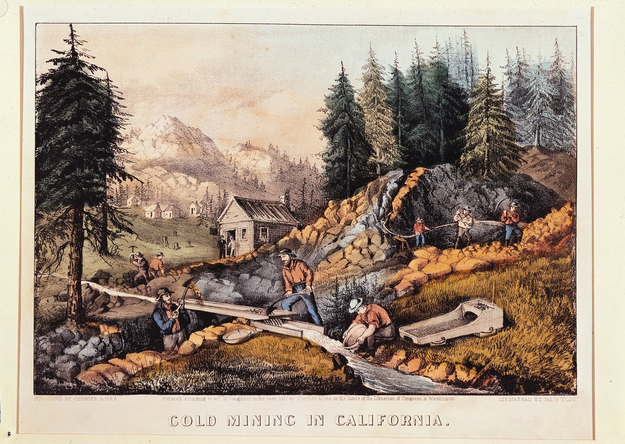 Goldminen in Kalifornien, veröffentlicht von Currier und Ives, 1871 von American School