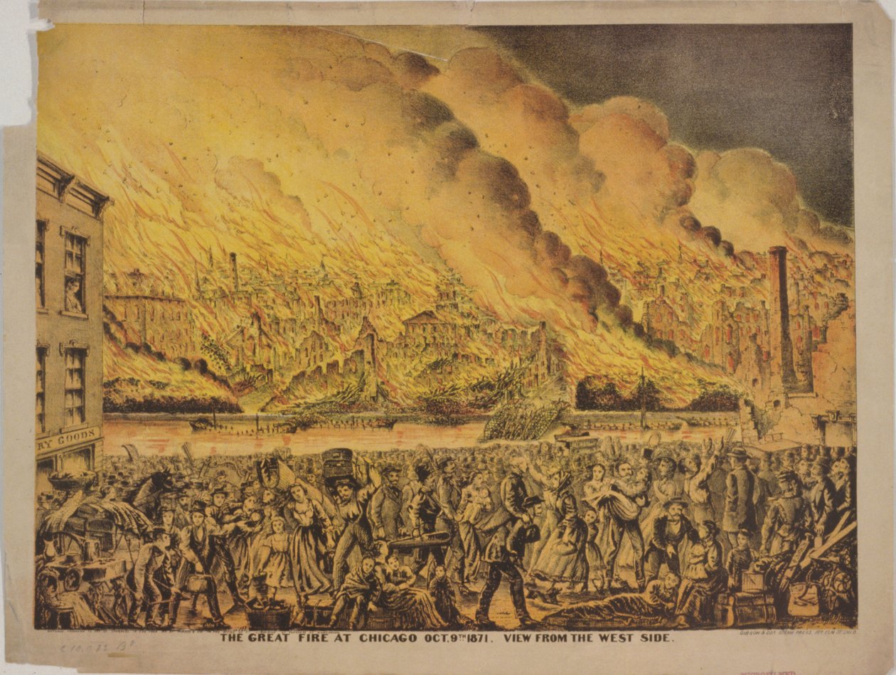 Ansicht des Großen Brandes von Chicago, 9. Oktober 1871, von der Westseite von American School