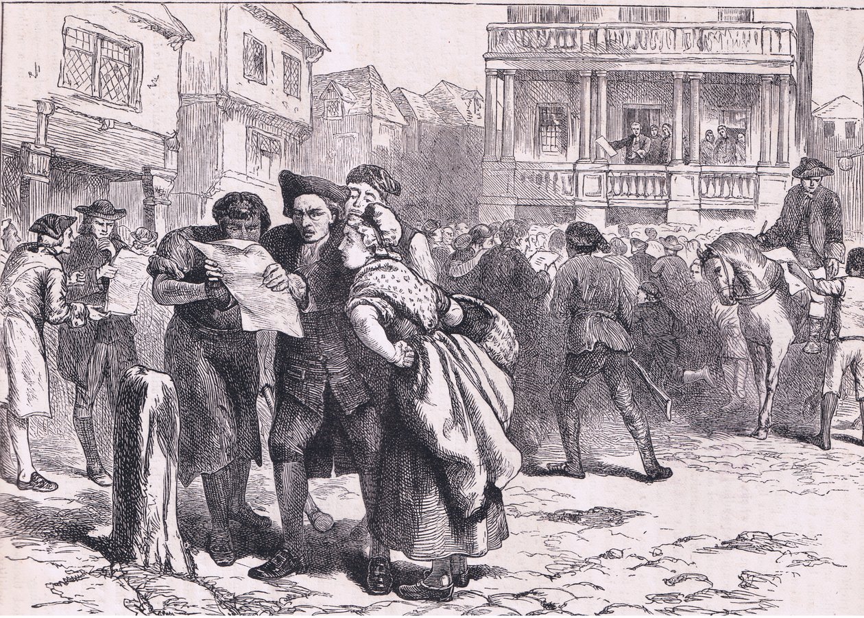 Bostoner lesen das Stempelgesetz, Illustration aus Cassells Geschichte der Vereinigten Staaten, veröffentlicht von Cassell, Petter & Galpin, ca. 1900 (Litho) von American English school