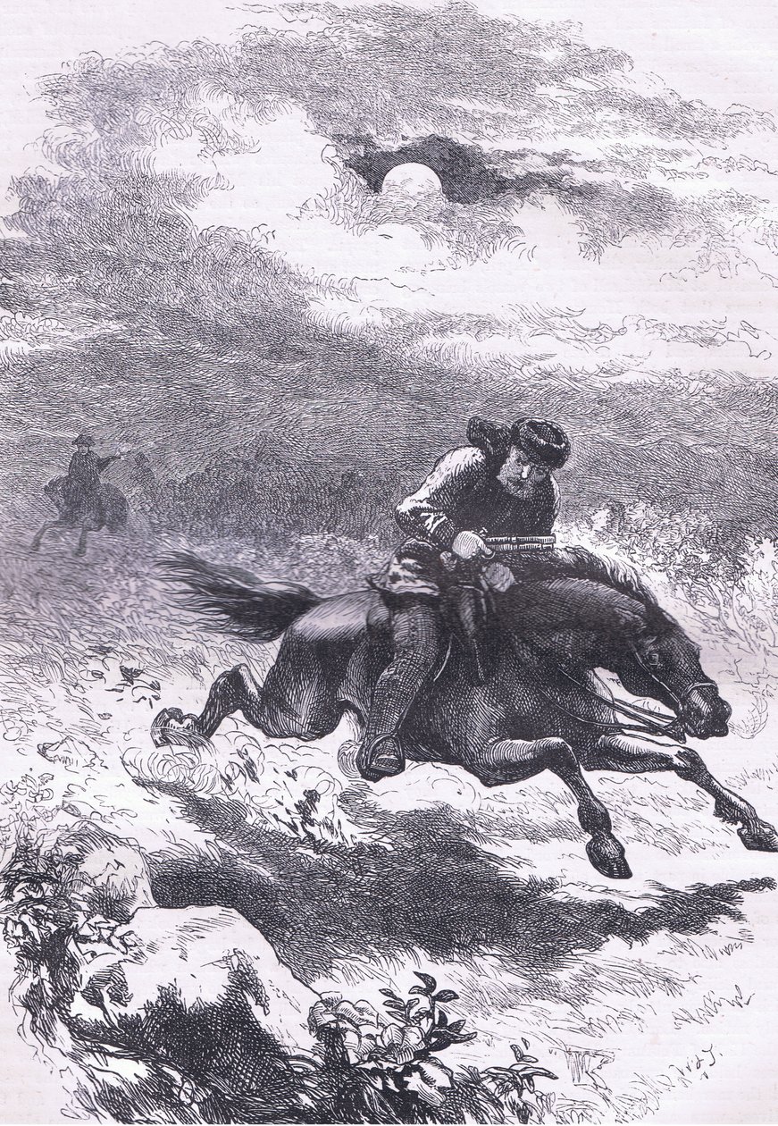 Verfolgung von Paul Revere dem Späher, Illustration aus Cassells Geschichte der Vereinigten Staaten, veröffentlicht von Cassell, Petter & Galpin, um 1900 (Lithographie) von American English school