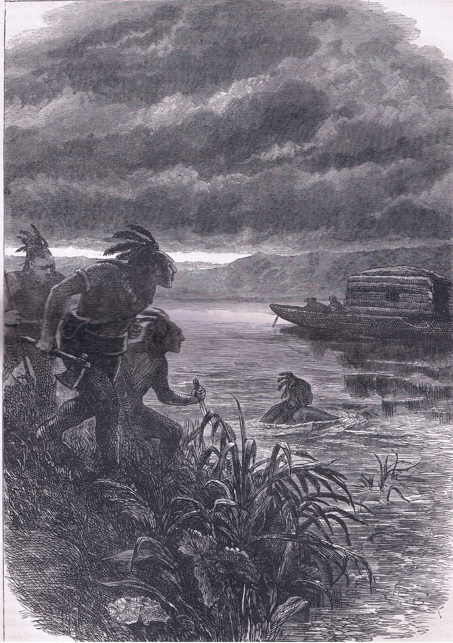 Händler am Ohio von Wilden angegriffen, Illustration aus Cassells Geschichte der Vereinigten Staaten, veröffentlicht von Cassell, Petter & Galpin, um 1900 (Lithographie) von American English school