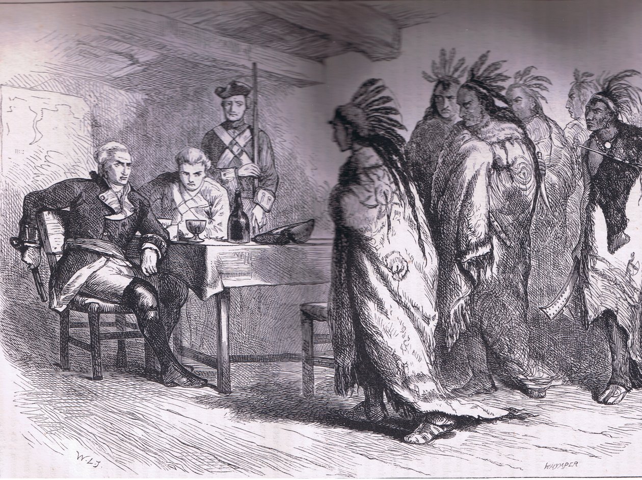 Besuch von Pontiac und den Indianern bei Major Gladwin 1763, Illustration aus Cassells Geschichte der Vereinigten Staaten, veröffentlicht von Cassell, Petter & Galpin, ca. 1900 von American English school