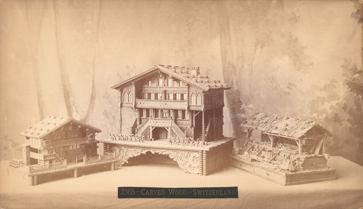 Schweizer Häuschen, geschnitzte Modelle, Philadelphia Centennial International Exhibition, 1876 (Silberalbuminabzug) von American Photographer