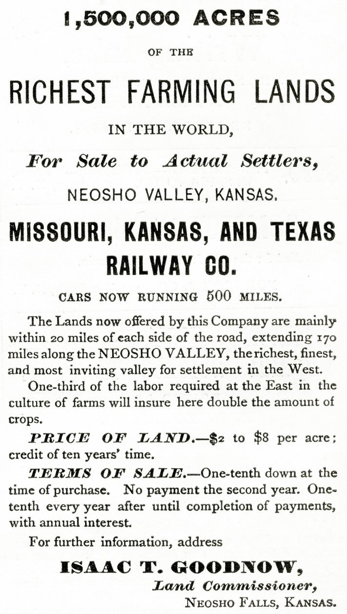 1.500.000 Morgen der reichsten Ackerflächen der Welt, im Neosho-Tal, Kansas, Anzeige aus Appletons Journal, 4. Mai 1872 von American School