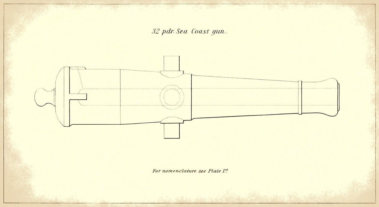 32-Pfünder Küstengeschützrohr, aus dem offiziellen Handbuch der US-Armee für schwere Artillerie, 1850-51 von American School