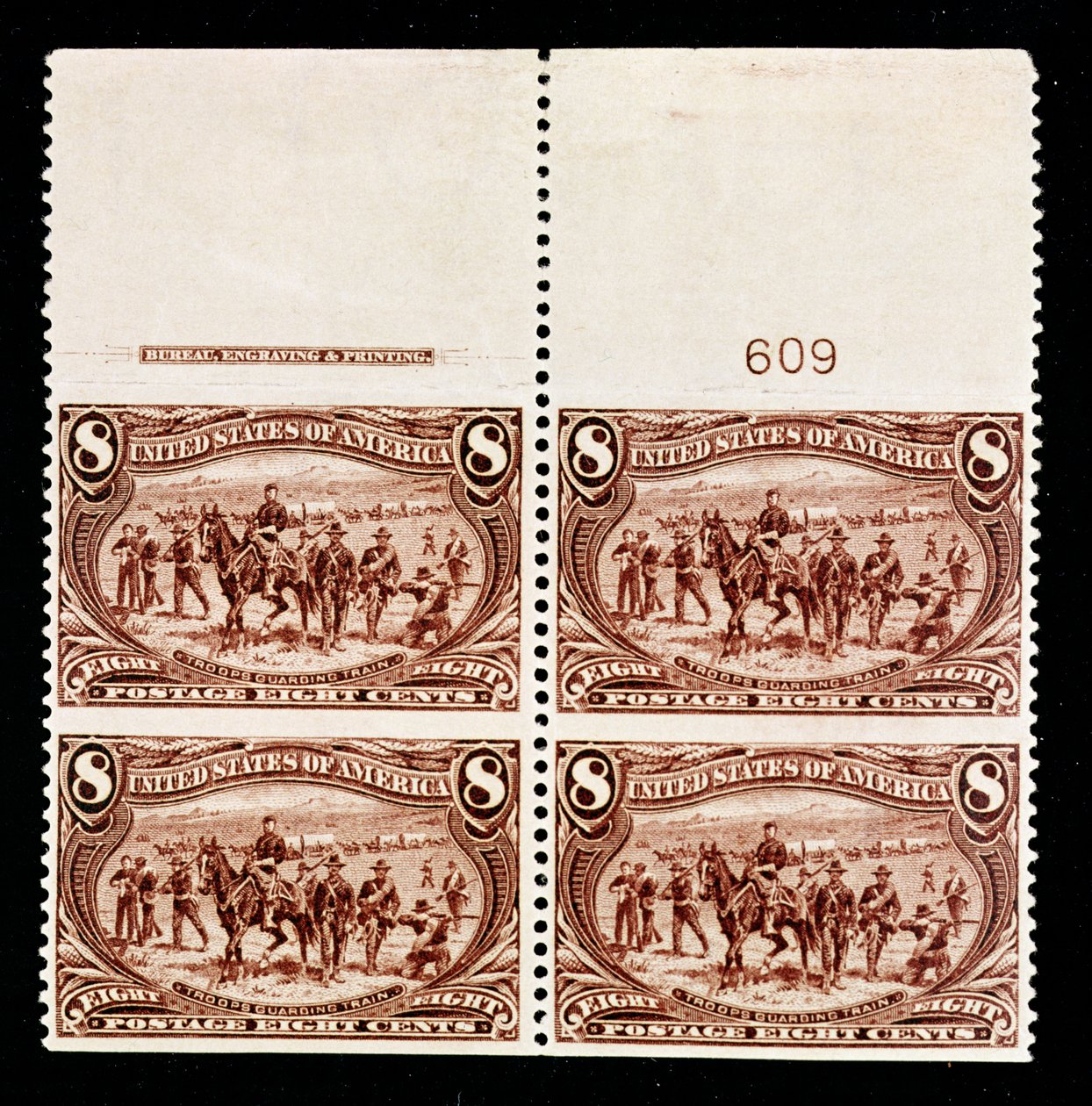 8-Cent-Truppen bewachen Wagenzug, Block von vier von American School