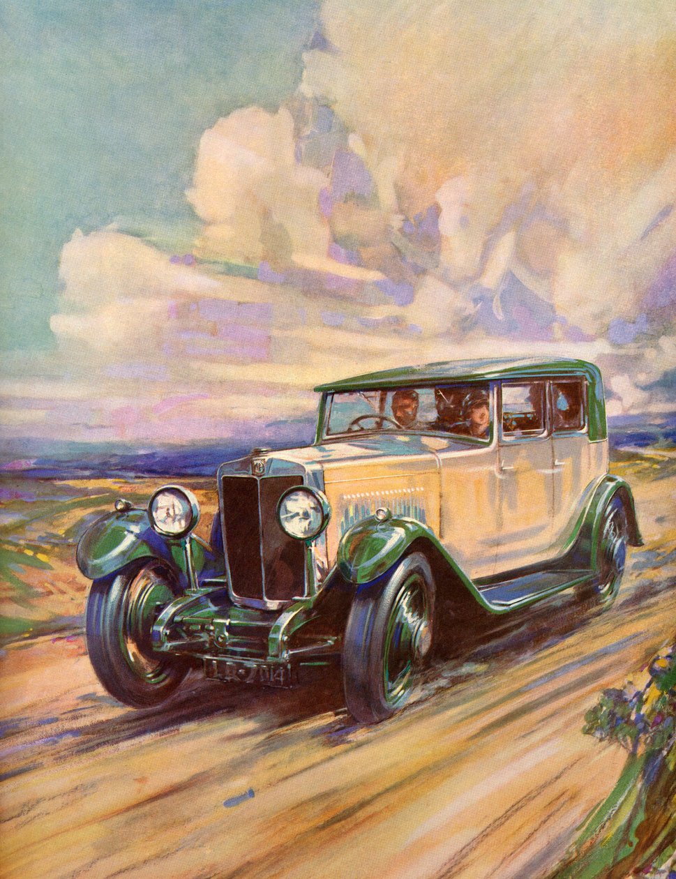 Ein Roadster aus den 1920er Jahren rast eine Schotterstraße hinunter von American School