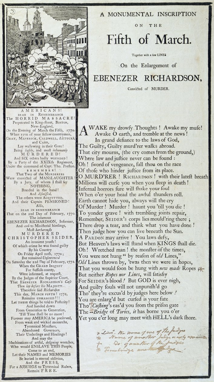 Eine monumentale Inschrift am 5. März 1772 von American School