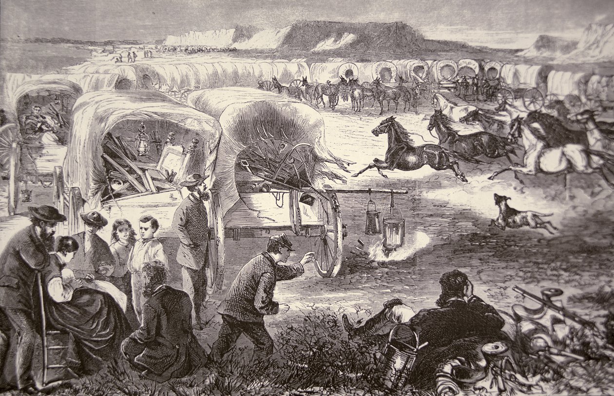 Ein Wagenzug bildet einen Korrall auf dem Oregon Trail von American School