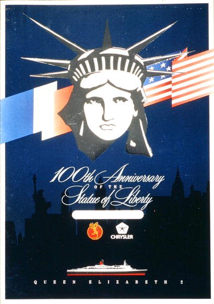 Ein Menüdesign zur Feier des 100. Jahrestages der Freiheitsstatue an Bord der QE2 von American School