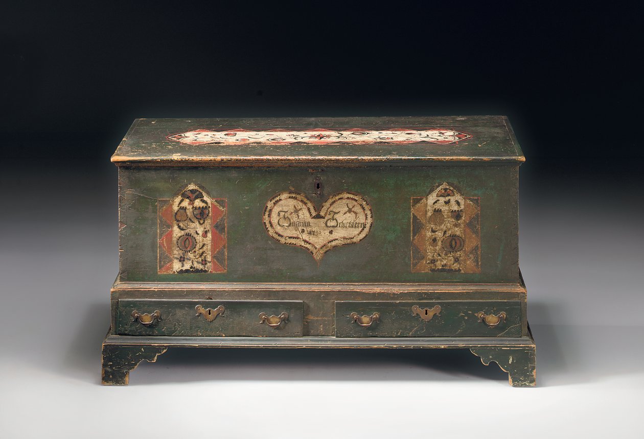 Bemalter Truhen-Dower-Schrank, beschriftet Susana Scheblern, wahrscheinlich Lancaster County, Pennsylvania, 1790 von American School