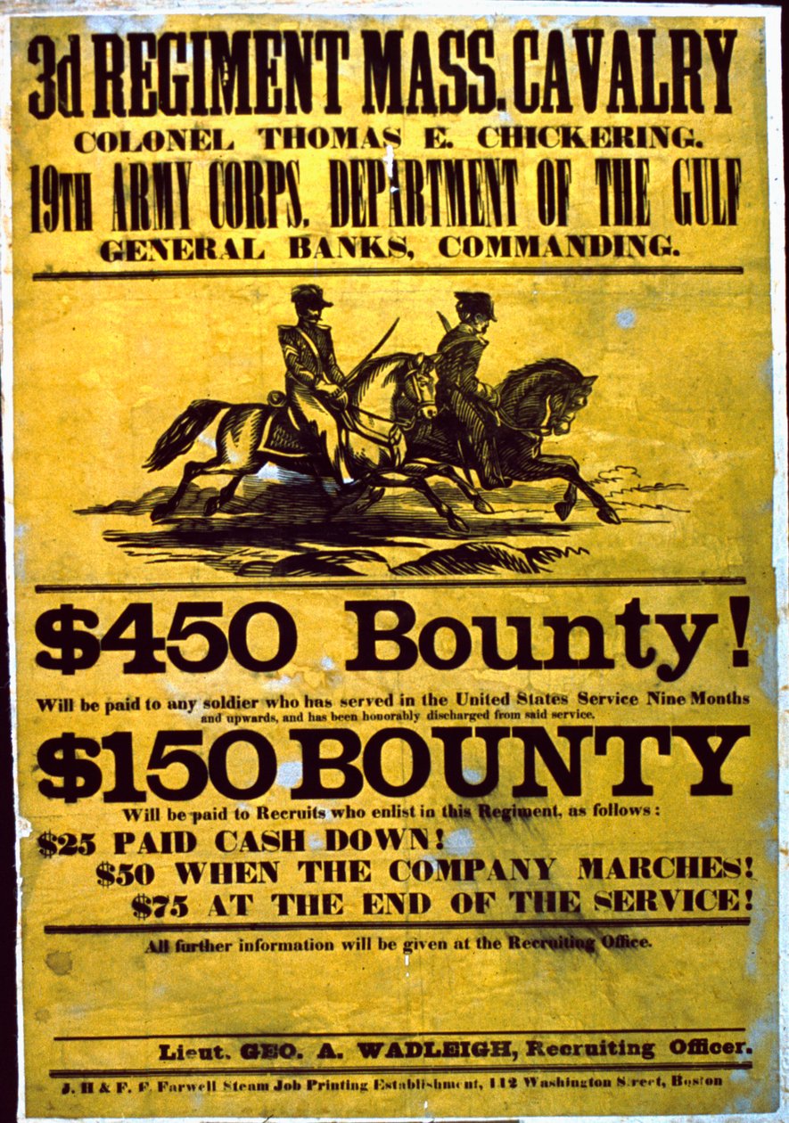 Ein Rekrutierungsplakat für das 3. Regiment, Massachusetts Kavallerie, 1863-65 von American School