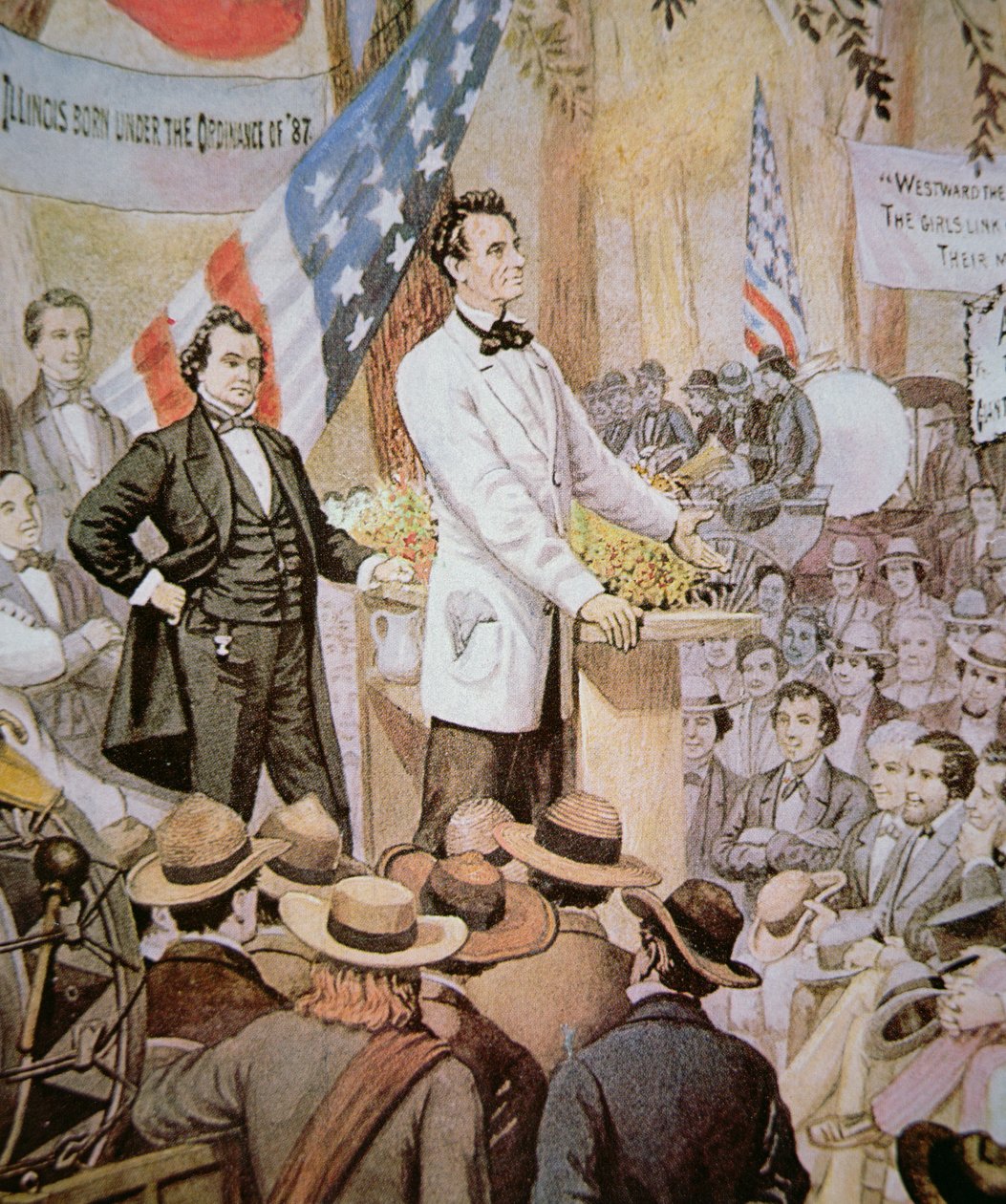 Abraham Lincoln (1809-65) in öffentlicher Debatte mit Stephen A. Douglas (1813-61) in Illinois von American School