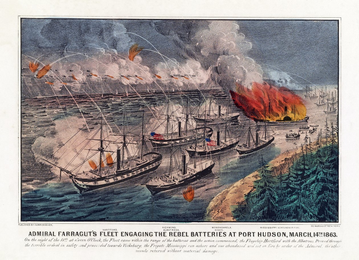 Admiral Farraguts Flotte im Kampf mit den Rebellenbatterien bei Port Hudson, 14. März von American School