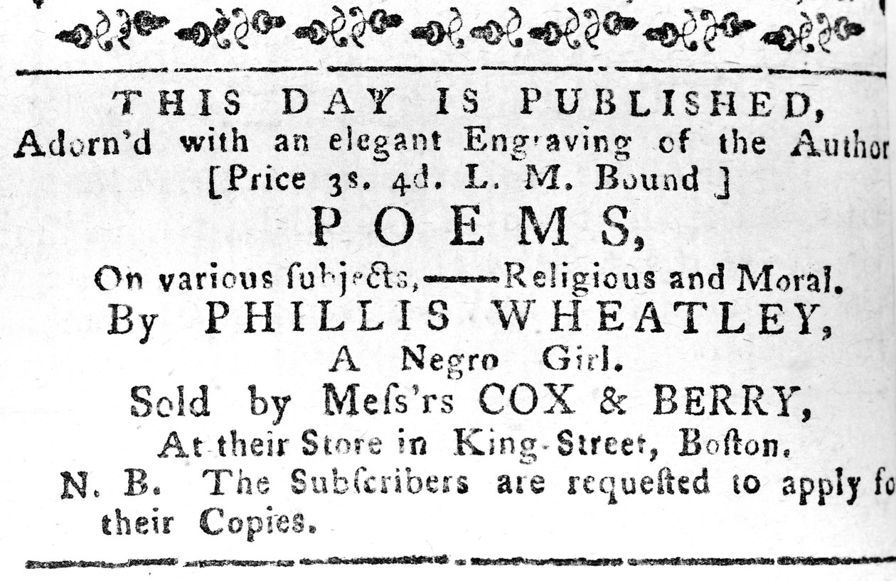 Anzeige für Phillis Wheatleys erstes Buch, aus der Boston Gazette, 7. Februar 1774 von American School
