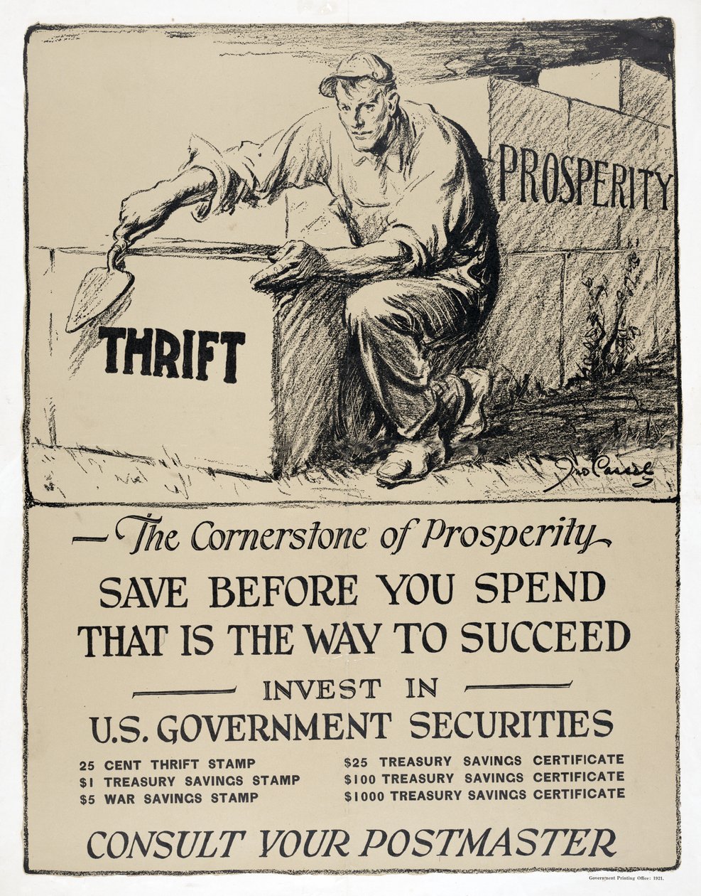 Werbung für US-Regierungsanleihen, "Der Grundstein des Wohlstands", veröffentlicht 1921 von American School