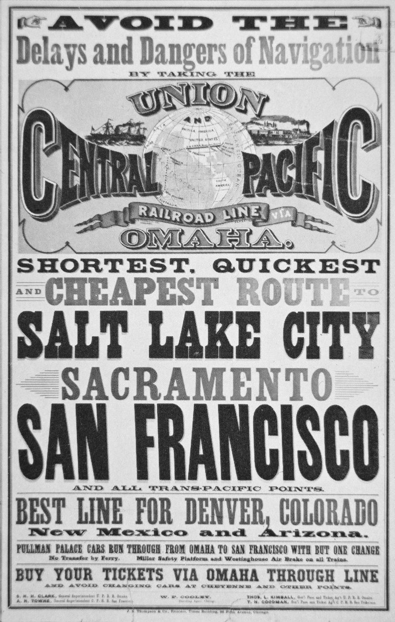 Werbung für Union und Central Pacific Railroad Line, ca. 1870 von American School