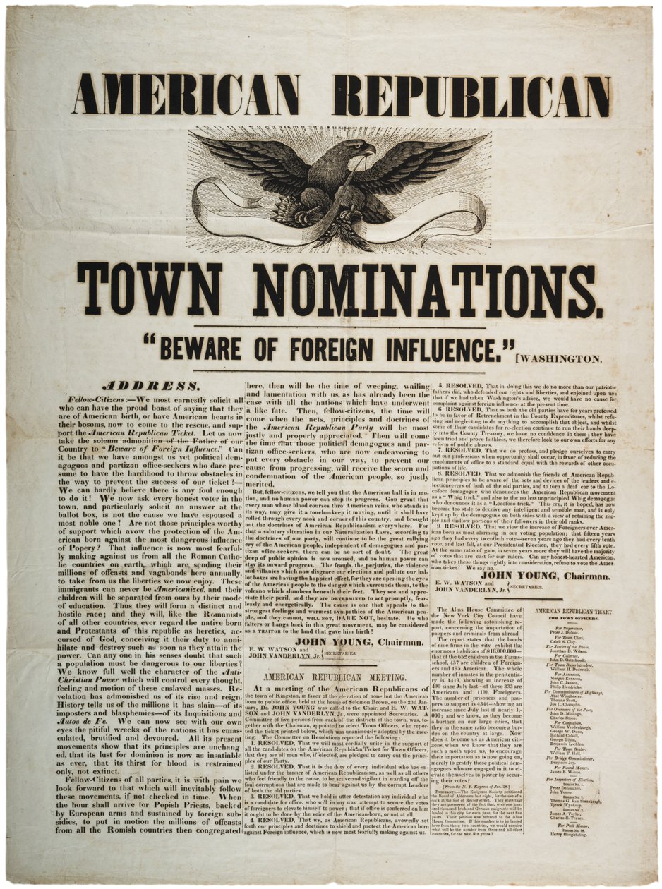 Amerikanische Republikanische Stadtnominierungen: Hüte dich vor ausländischem Einfluss, ca. 1845 von American School