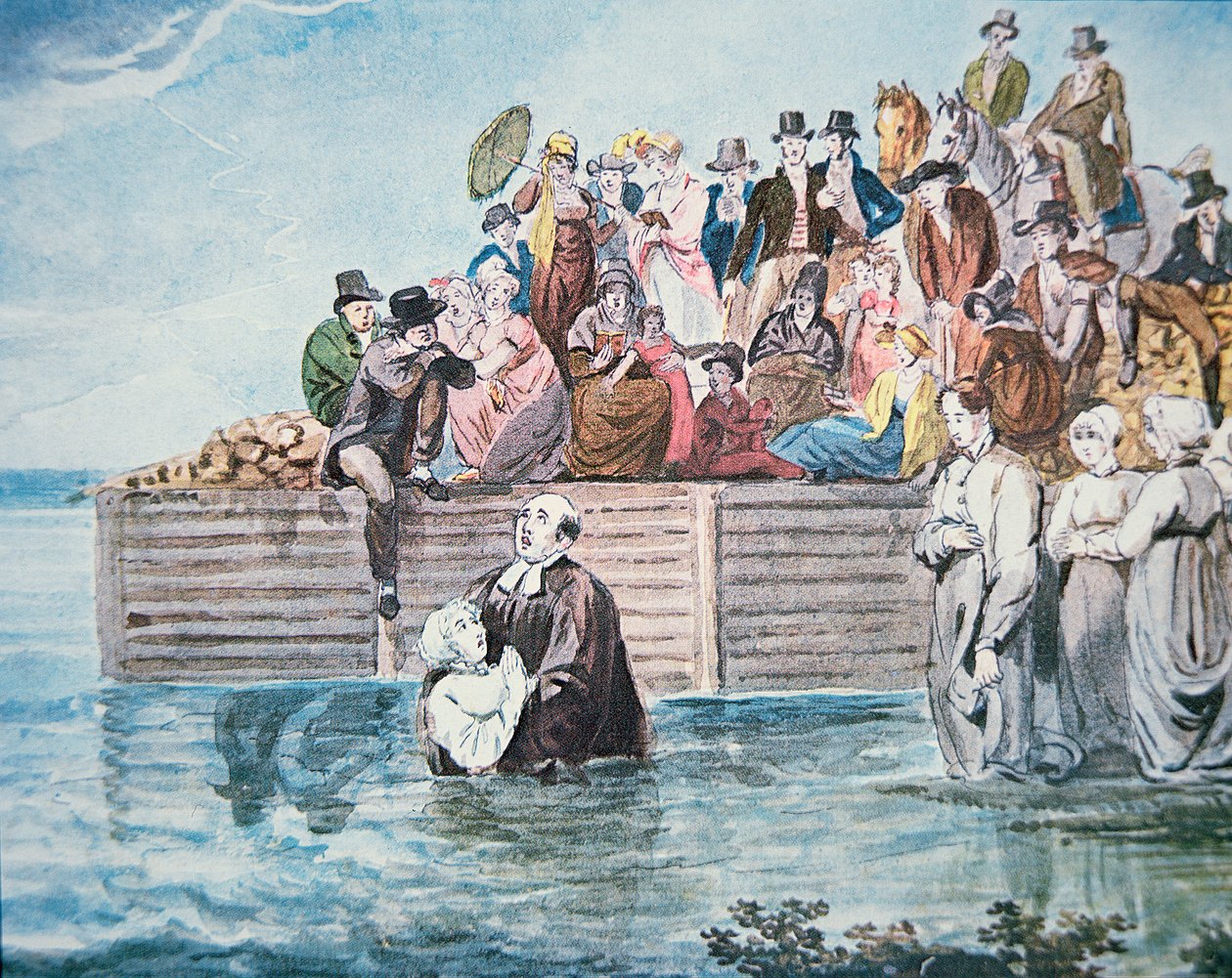 Täufer von Philadelphia beobachten eine vollständige Taufe in einem Fluss von American School