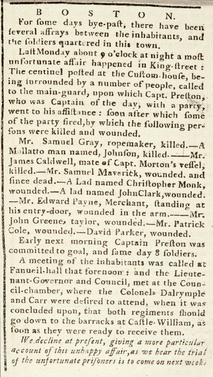 Artikel aus dem Boston Chronicle über die Ereignisse des Boston Massakers, 5. März 1770 von American School