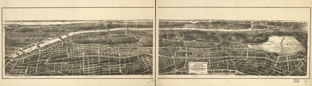 Vogelperspektive auf den Teil der 23. und 24. Bezirke der Stadt New York, westlich der New York und Harlem Railroad von American School