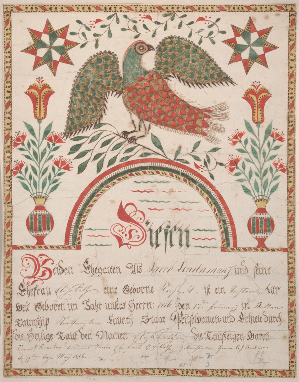 Geburts- und Taufurkunde für Elisabeth Lindaman, ca. 1820 von American School
