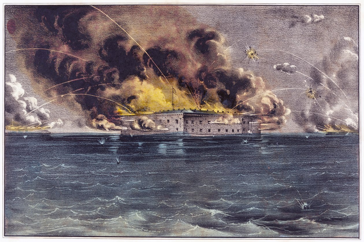 Bombardierung von Fort Sumter, Charleston Harbor, 12. & 13. April 1861, veröffentlicht 1861 von American School