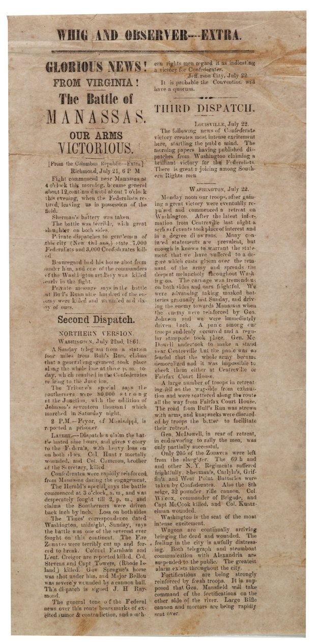 Flugblatt zur Ankündigung der Ersten Schlacht von Manassas, Whig und Observer Extra, nach dem 22. Juli 1861 von American School