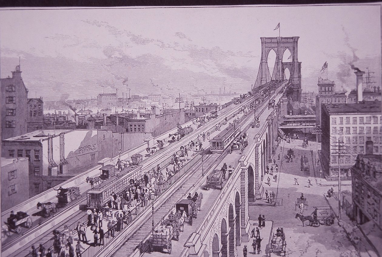 Brooklyn Bridge kurz nach der Eröffnungszeremonie, veröffentlicht am 26. Mai 1883 (Gravur) von American School