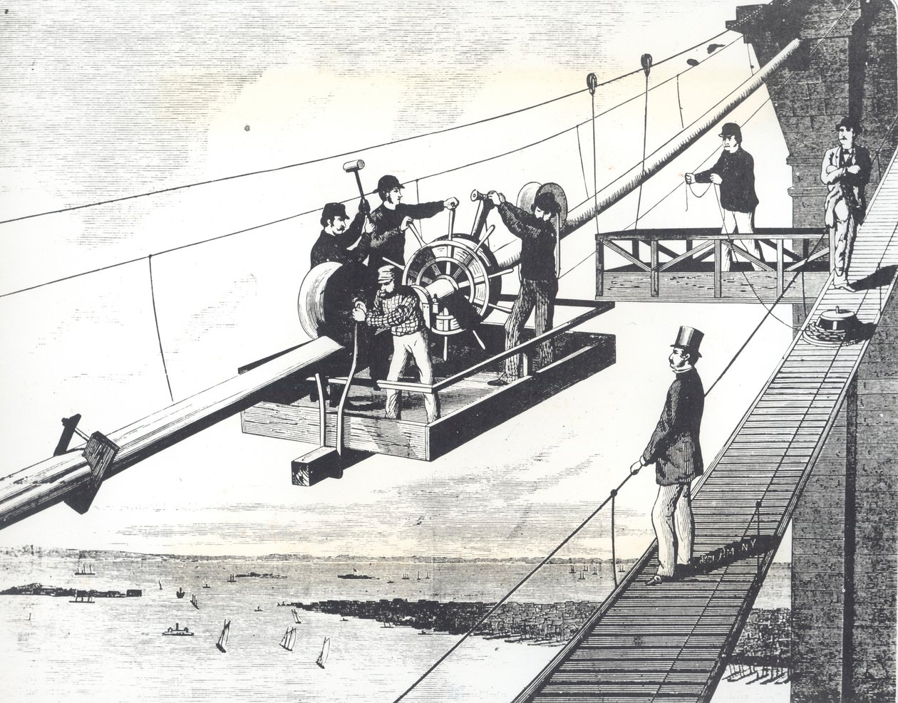 Brooklyn Bridge im Bau 1876, Flechten der Hängekabel (Gravur) von American School