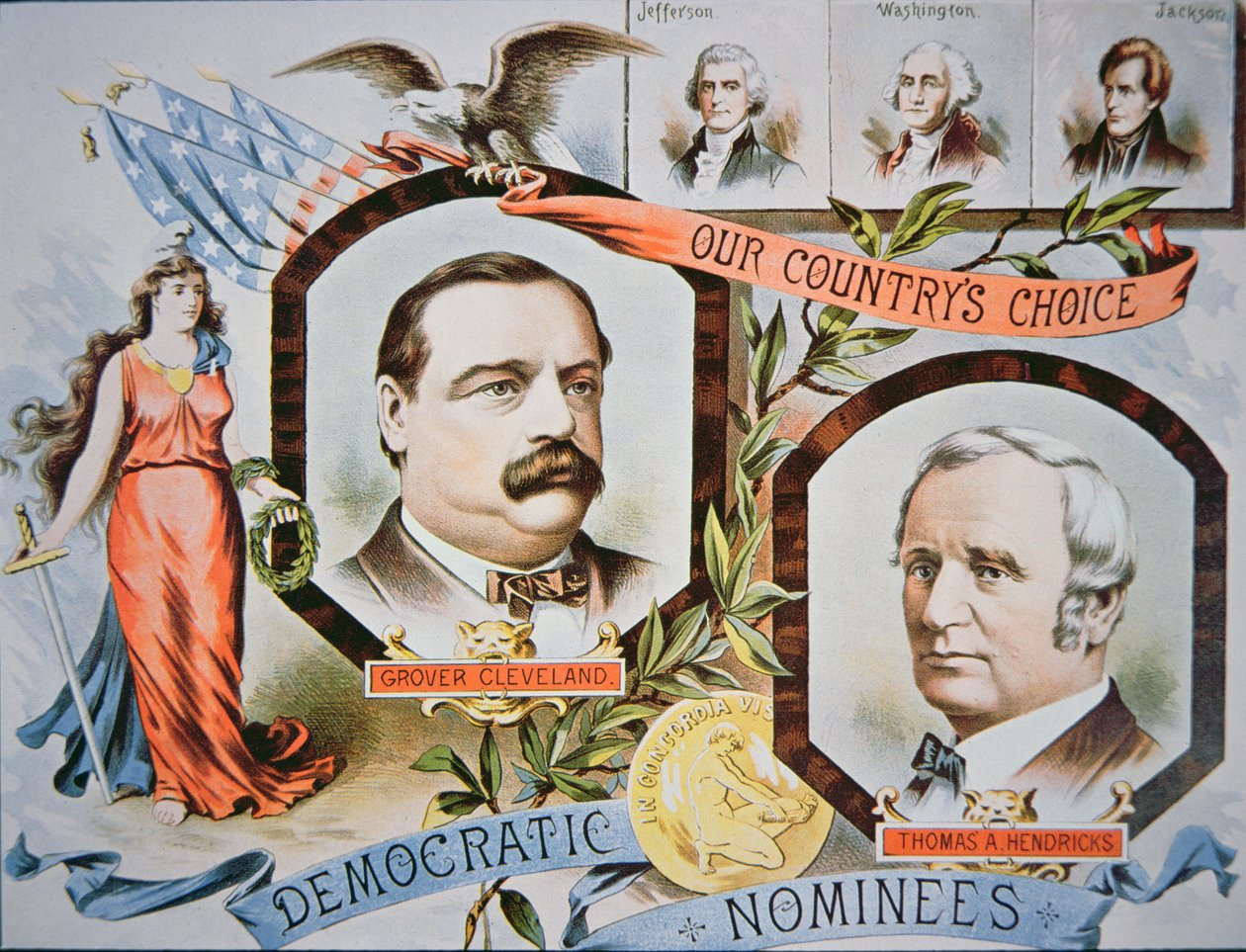 Wahlplakat für Präsidentschaftskandidat Grover Cleveland und seinen Mitstreiter Thomas A. Hendricks (1819-85) von American School
