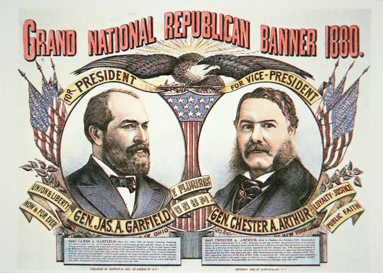 Wahlkampfplakat für Präsidentschaftskandidat James A. Garfield (1831-81) und Vizekandidat Chester A. Arthur (1829-86), 1880 von American School