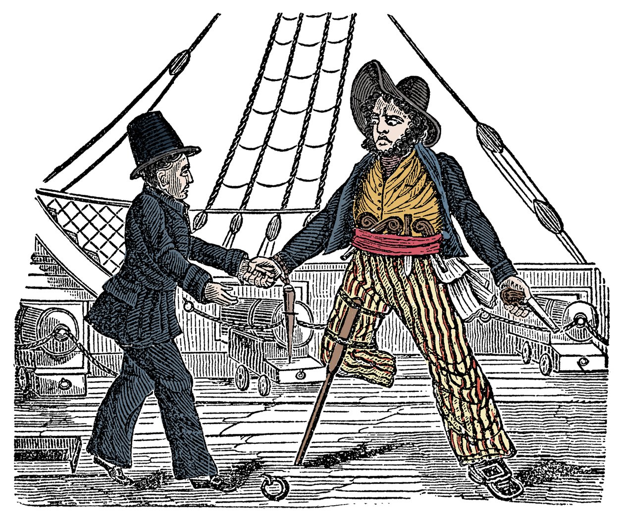 Kapitän Mackra und der Pirat mit Holzbein. Gravur aus „The Pirates Own Book“ 19. Jahrhundert von American School