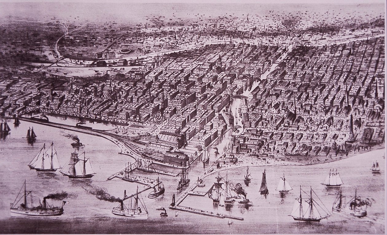 Chicago vor dem Großen Brand von 1871, um 1870 von American School