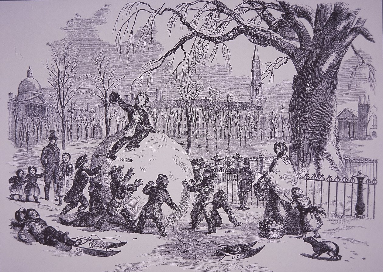 Weihnachtsschneeballschlacht, Szene auf dem Boston Common von American School
