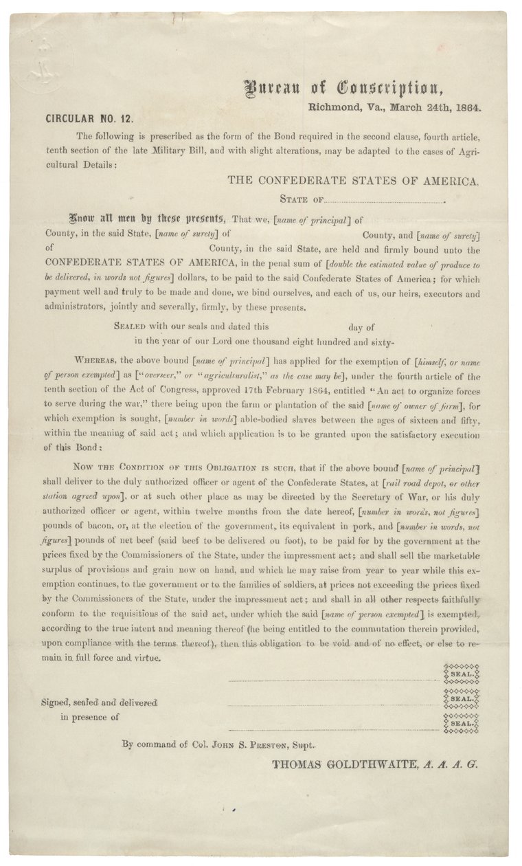 Rundschreiben Nr. 12, ein leerer Antrag auf Befreiung vom Dienst in der Konföderierten Armee, 24. März 1864 von American School