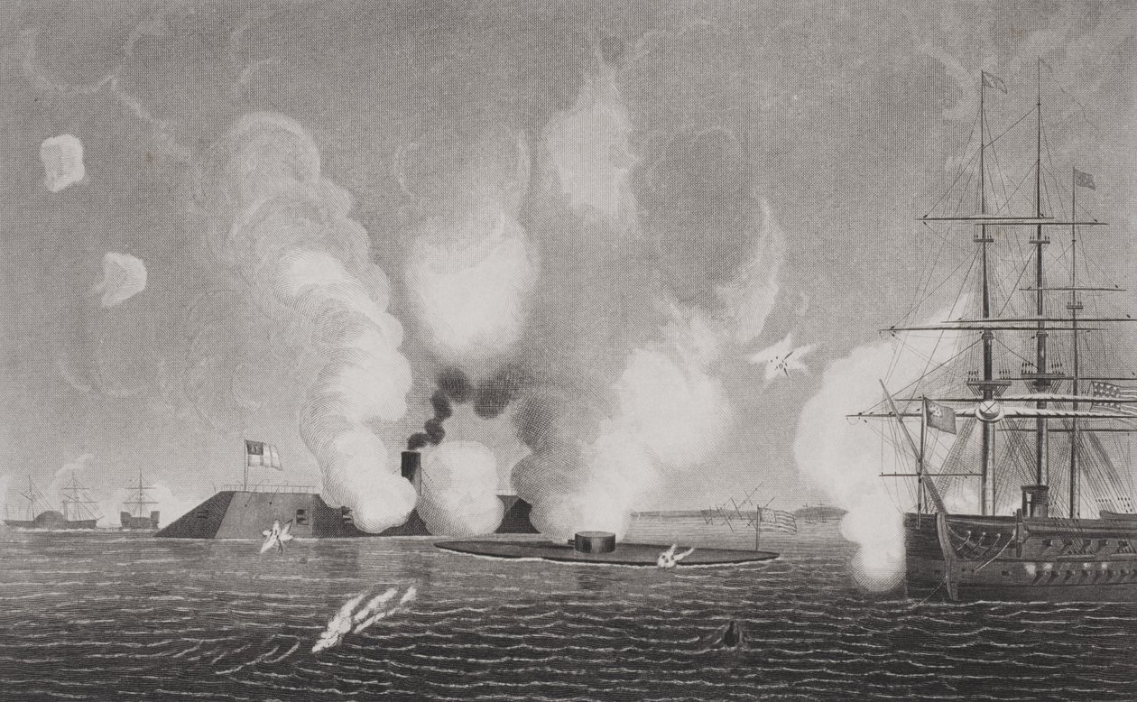 Kampf zwischen der konföderierten CSS Virginia (links) und der Union USS Monitor (Mitte) am 9. März 1862 bei Hampton Roads, Virginia von American School