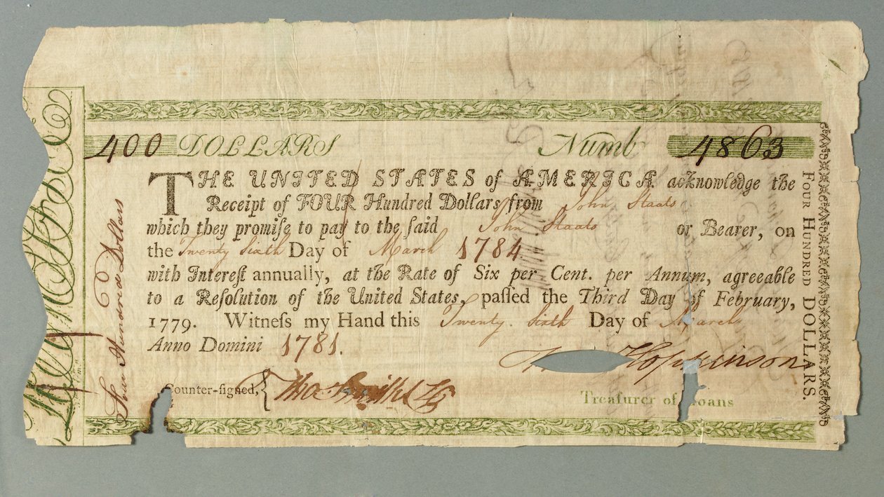 Kontinentales Darlehenszertifikat Nummer 4863, unterzeichnet vom Schatzmeister Francis Hopkinson, 26. März 1781 von American School