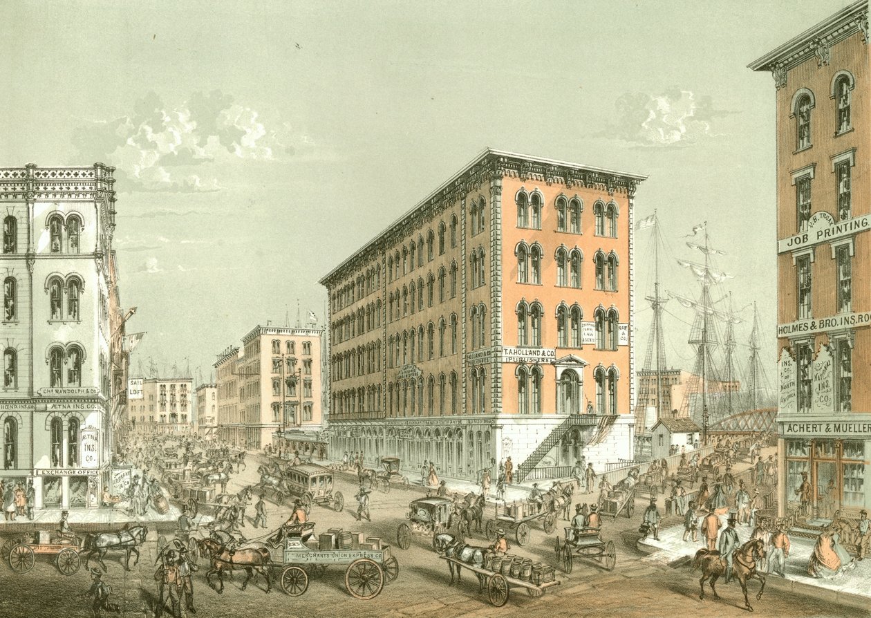 Ecke Clark und South Water Street, aus Chicago Illustrated, mit literarischen Beschreibungen von James W. Sheahan, veröffentlicht von Jevne & Almini, Chicago, 1866-67 von American School
