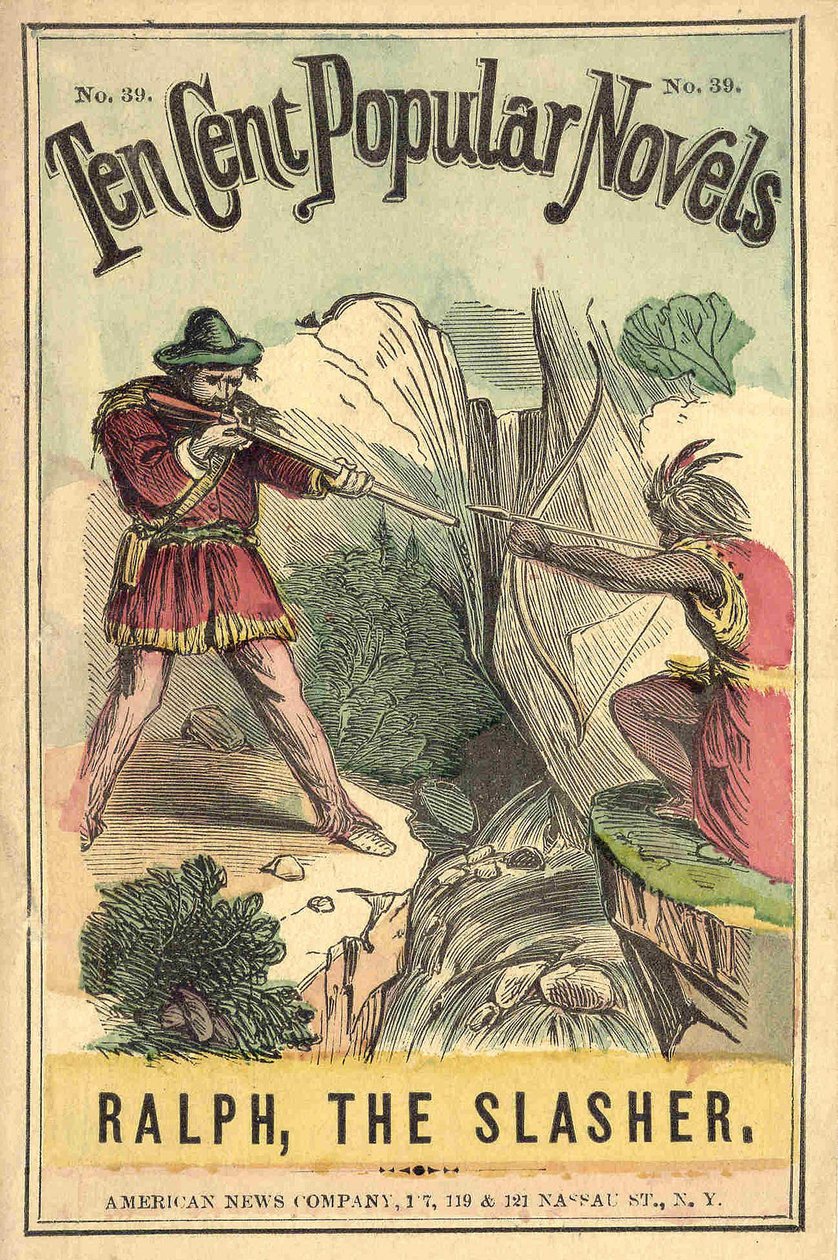 Titelblatt des Buches „Ten cent popular novels - Ralph, the Slasher“, Nr. 39. American News Company. Ein Indianer und ein Weißer im Duell. Anfang 20. Jahrhundert von American School