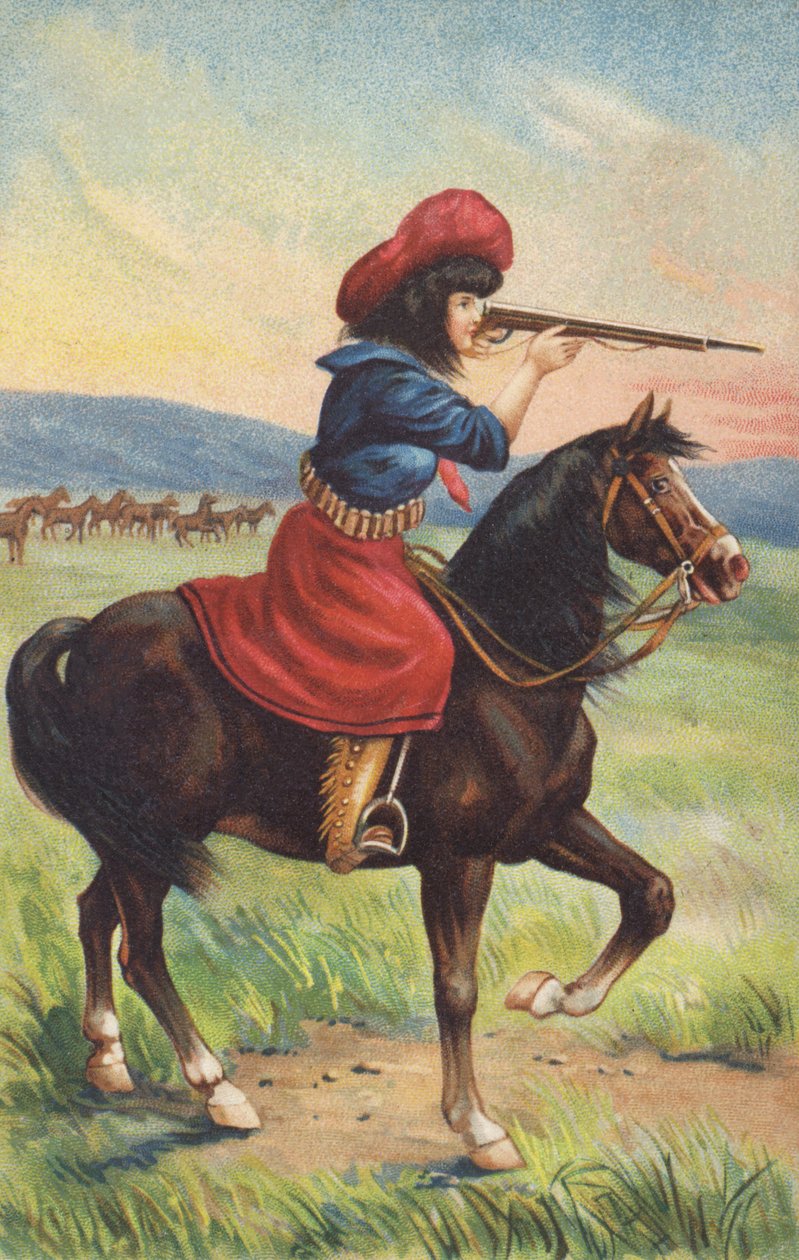 Cowgirl auf Pferd zielt mit einem Gewehr von American School