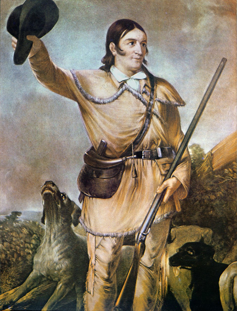 David (Davy) Crockett (1786-1836) mit seinen Jagdhunden im Jahr 1836 von American School