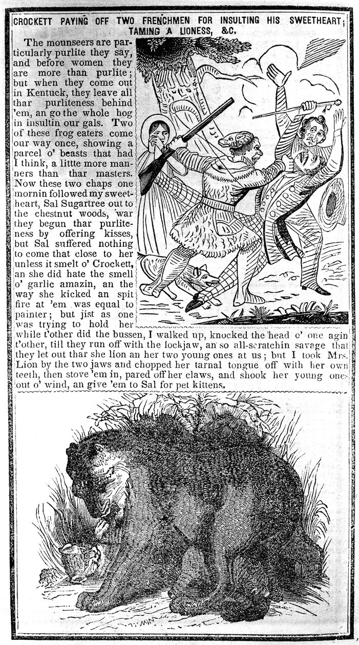 Davy Crockett zahlt zwei Franzosen für die Beleidigung seiner Geliebten heim, zähmt eine Löwin usw., Illustration aus Crocketts Almanach von American School