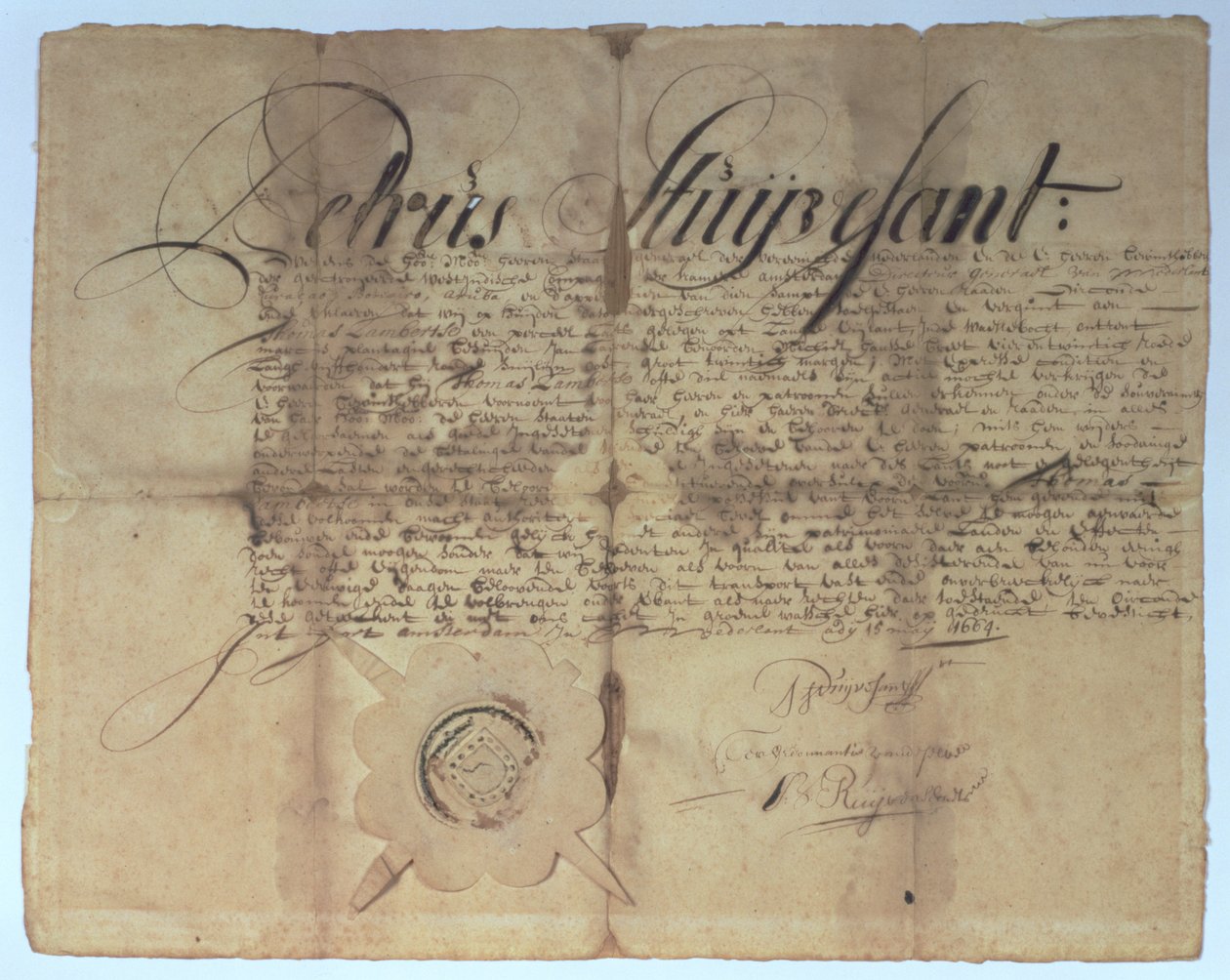 Urkunde unterzeichnet von Peter Stuyvesant, Generaldirektor von Neu-Niederland, 15. Mai 1664 von American School