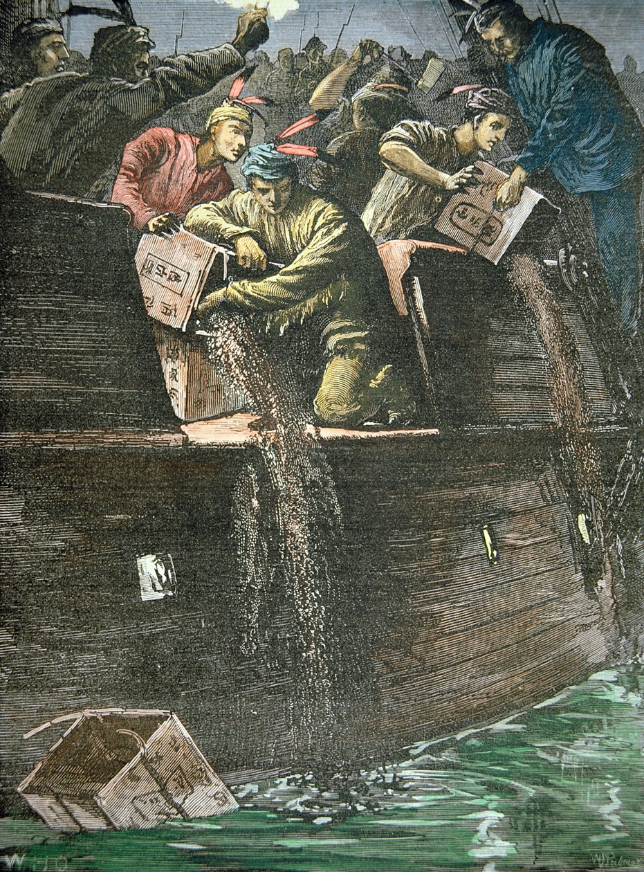 Zerstörung der Teeladungen, bekannt als die Boston Tea Party von American School