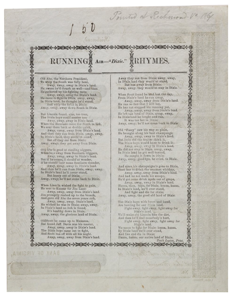 Dixie, gedruckt auf der Rückseite eines Schecks, 1861 von American School